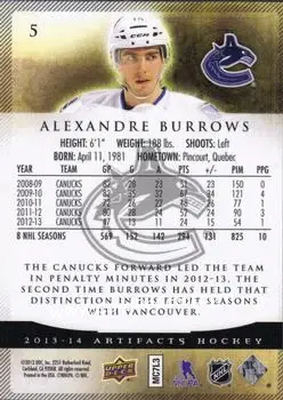 2013-14 Upper Deck Artifacts #5 - Alexandre Burrows - Vancouver Canucks - Back
