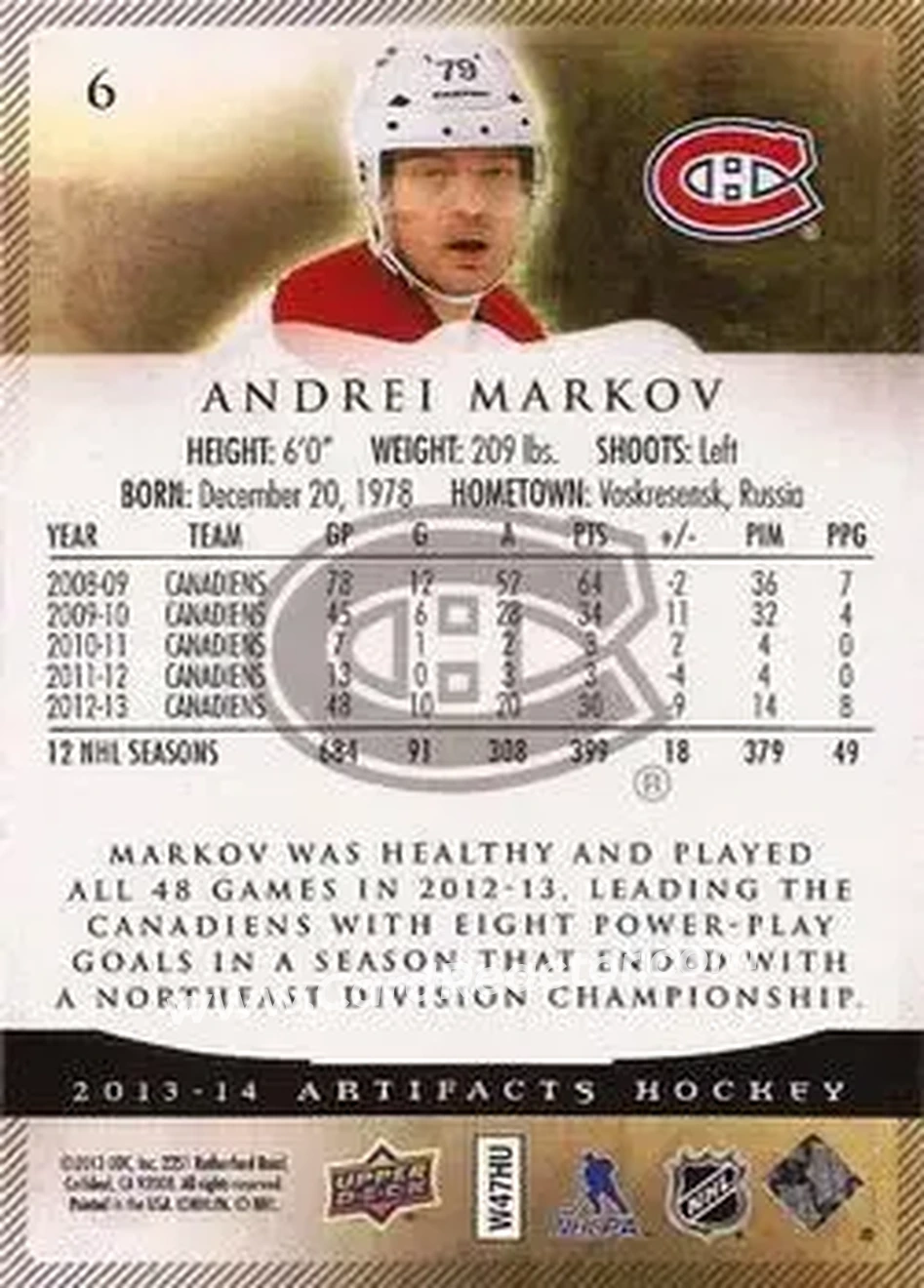 2013-14 Upper Deck Artifacts #6 - Andrei Markov - Montreal Canadiens - Back