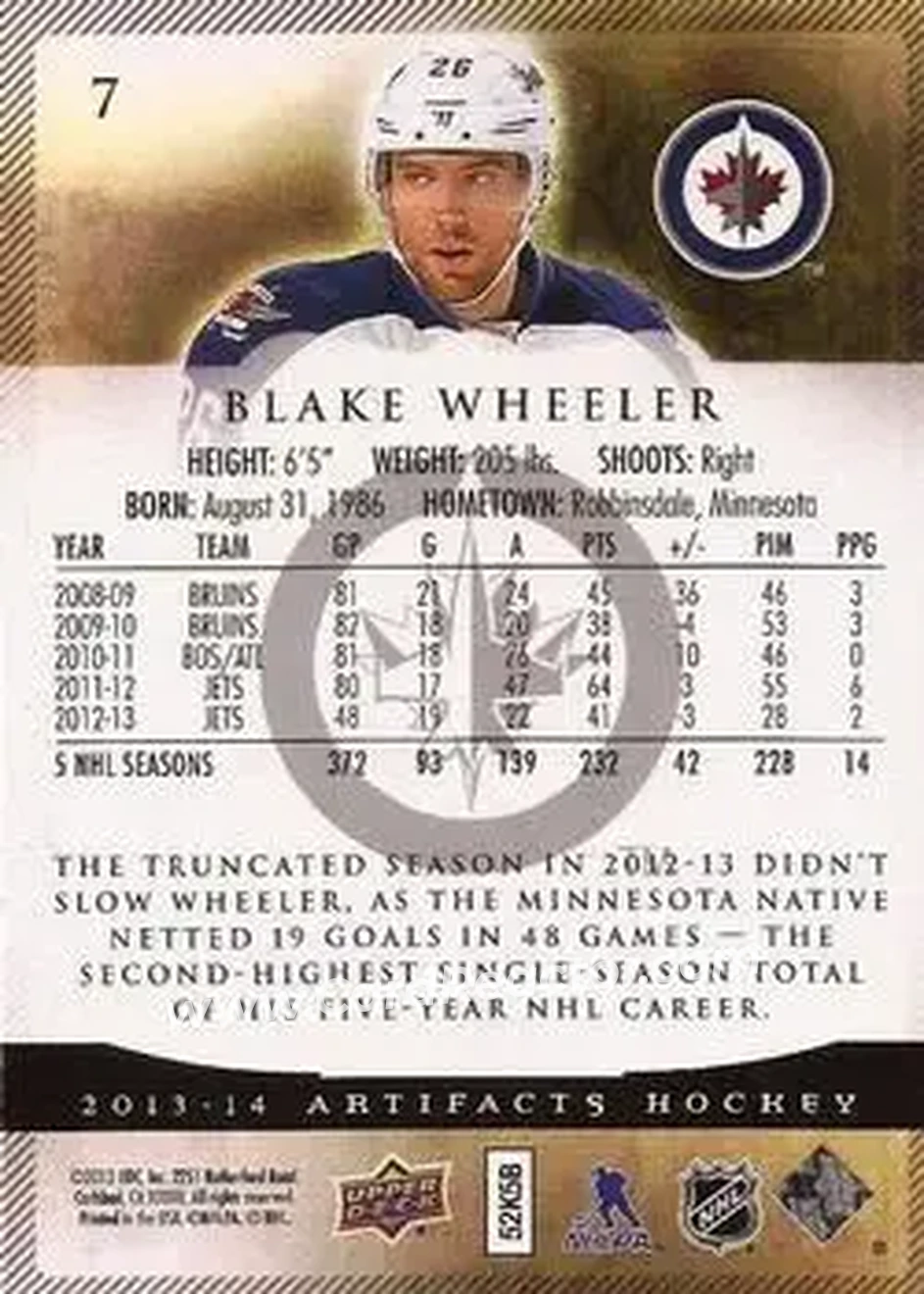 2013-14 Upper Deck Artifacts #7 - Blake Wheeler - Winnipeg Jets - Back