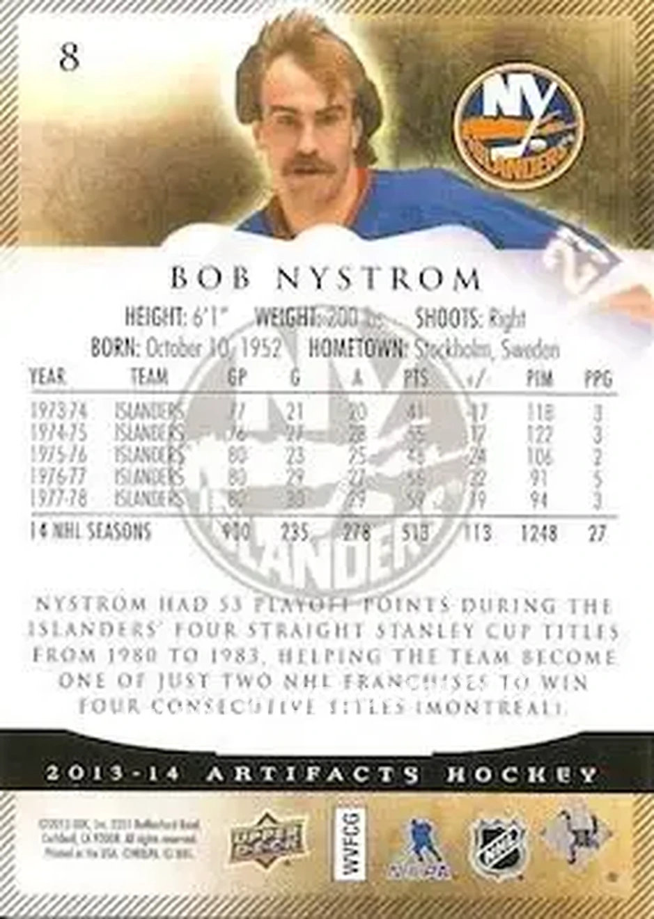 2013-14 Upper Deck Artifacts #8 - Bob Nystrom - New York Islanders - Back