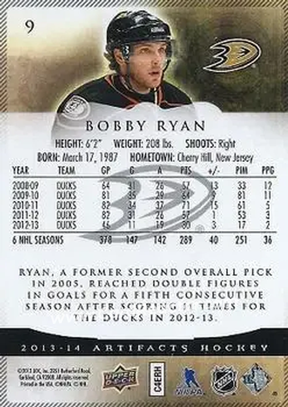 2013-14 Upper Deck Artifacts #9 - Bobby Ryan - Anaheim Ducks - Back