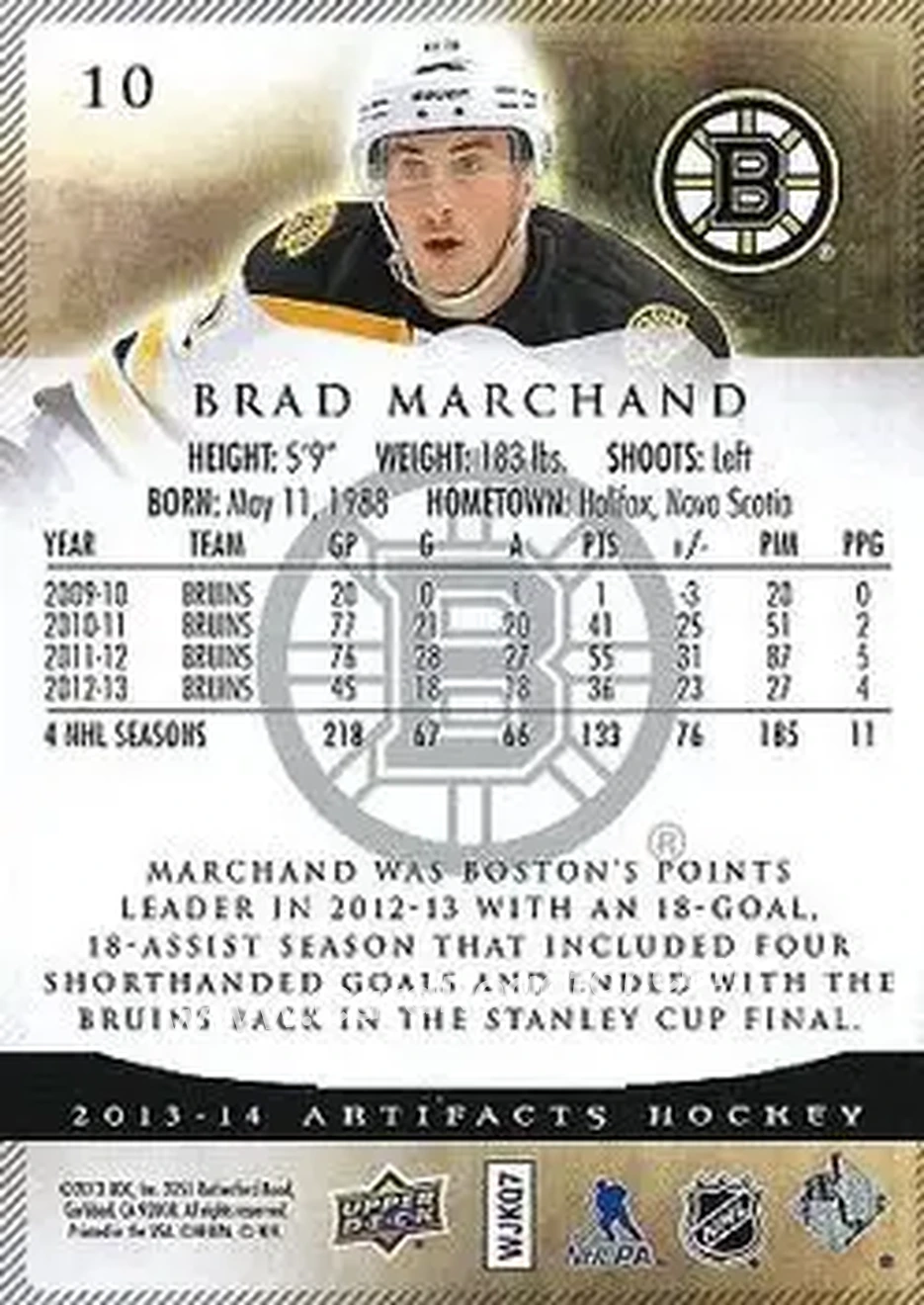 2013-14 Upper Deck Artifacts #10 - Brad Marchand - Boston Bruins - Back