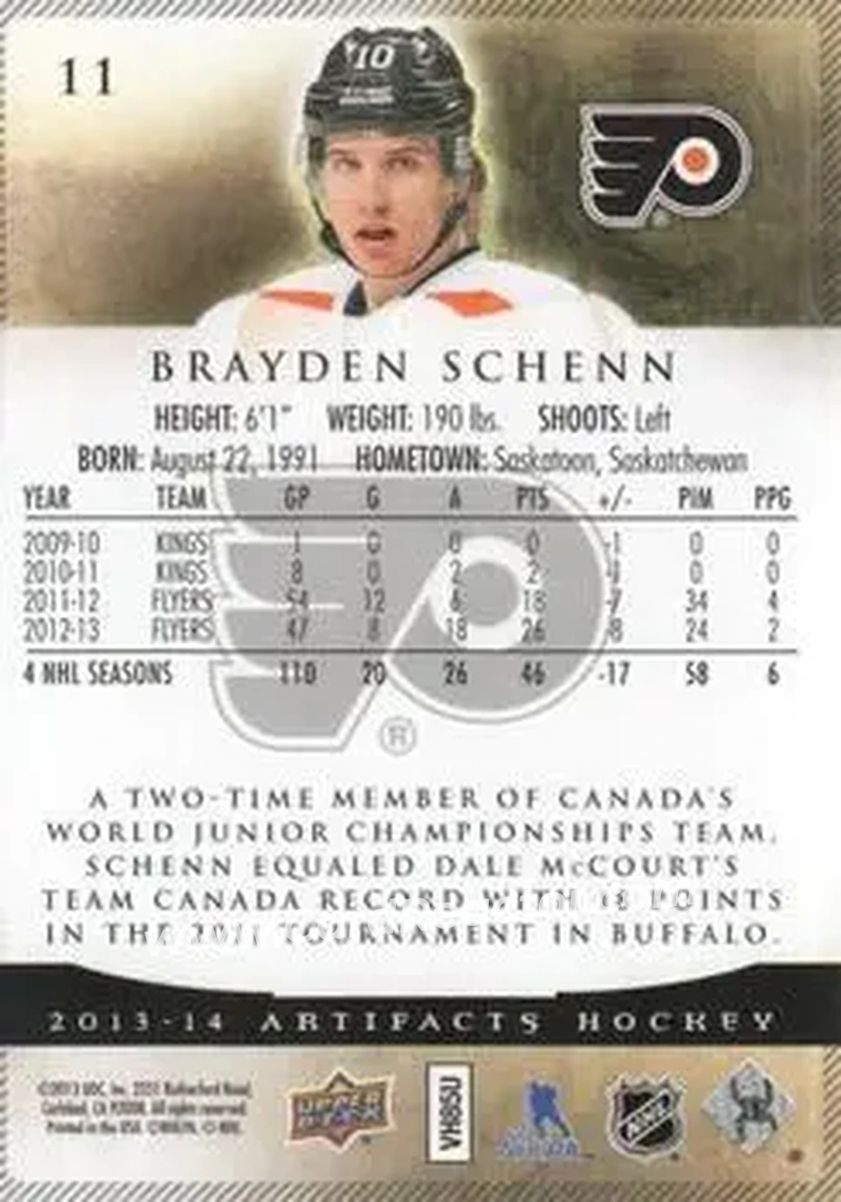 2013-14 Upper Deck Artifacts #11 - Brayden Schenn - Philadelphia Flyers - Back