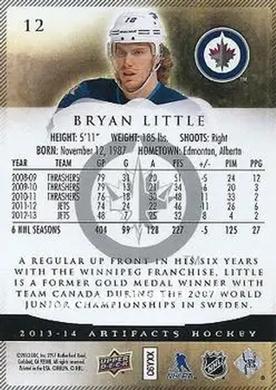 2013-14 Upper Deck Artifacts #12 - Bryan Little - Winnipeg Jets - Back