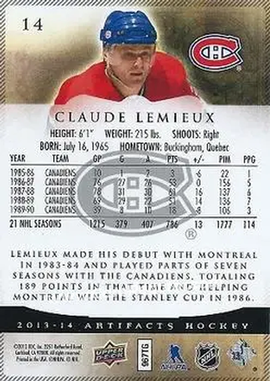 2013-14 Upper Deck Artifacts #14 - Claude Lemieux - Montreal Canadiens - Back