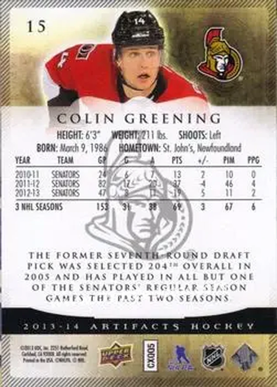 2013-14 Upper Deck Artifacts #15 - Colin Greening - Ottawa Senators - Back