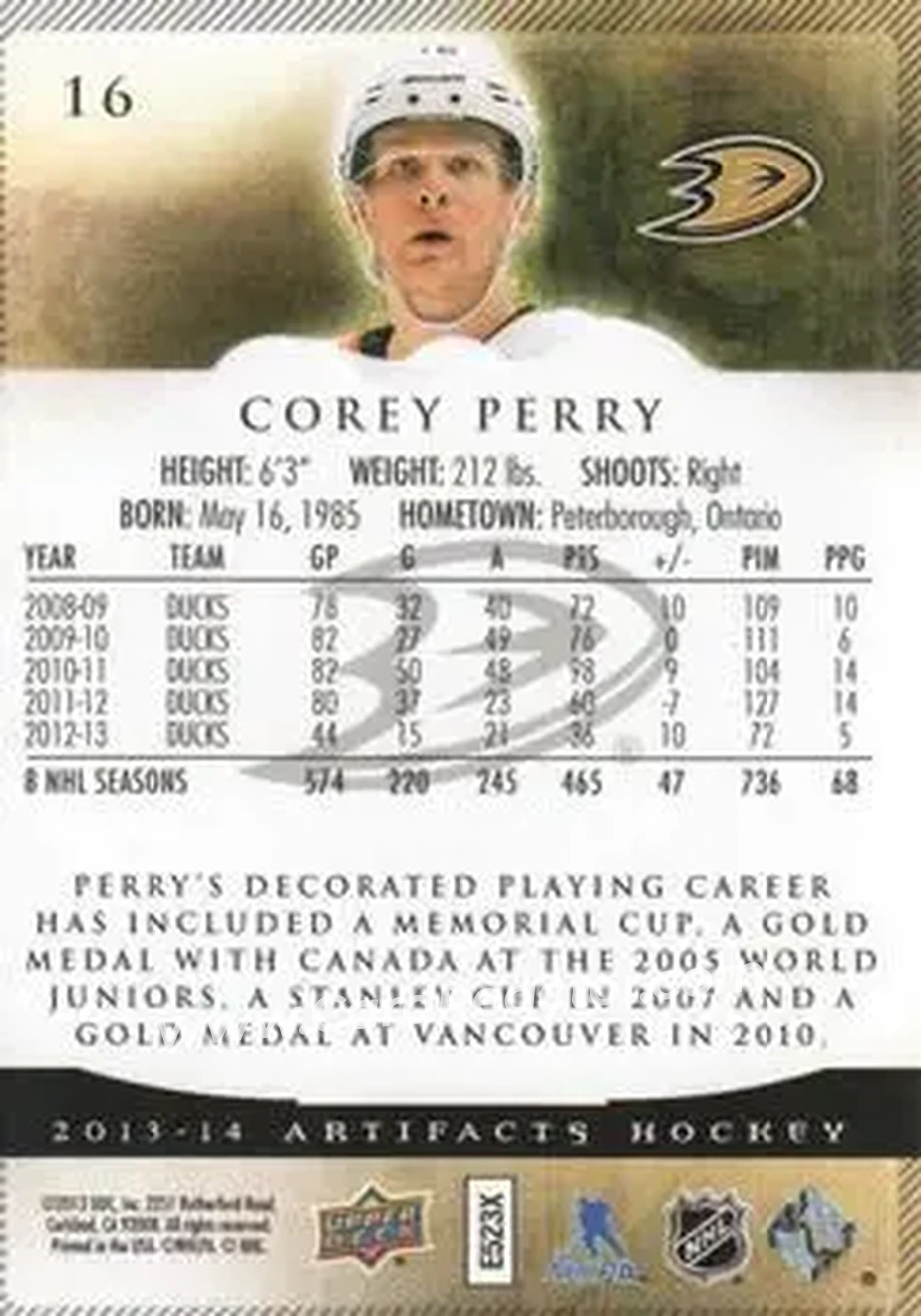 2013-14 Upper Deck Artifacts #16 - Corey Perry - Anaheim Ducks - Back