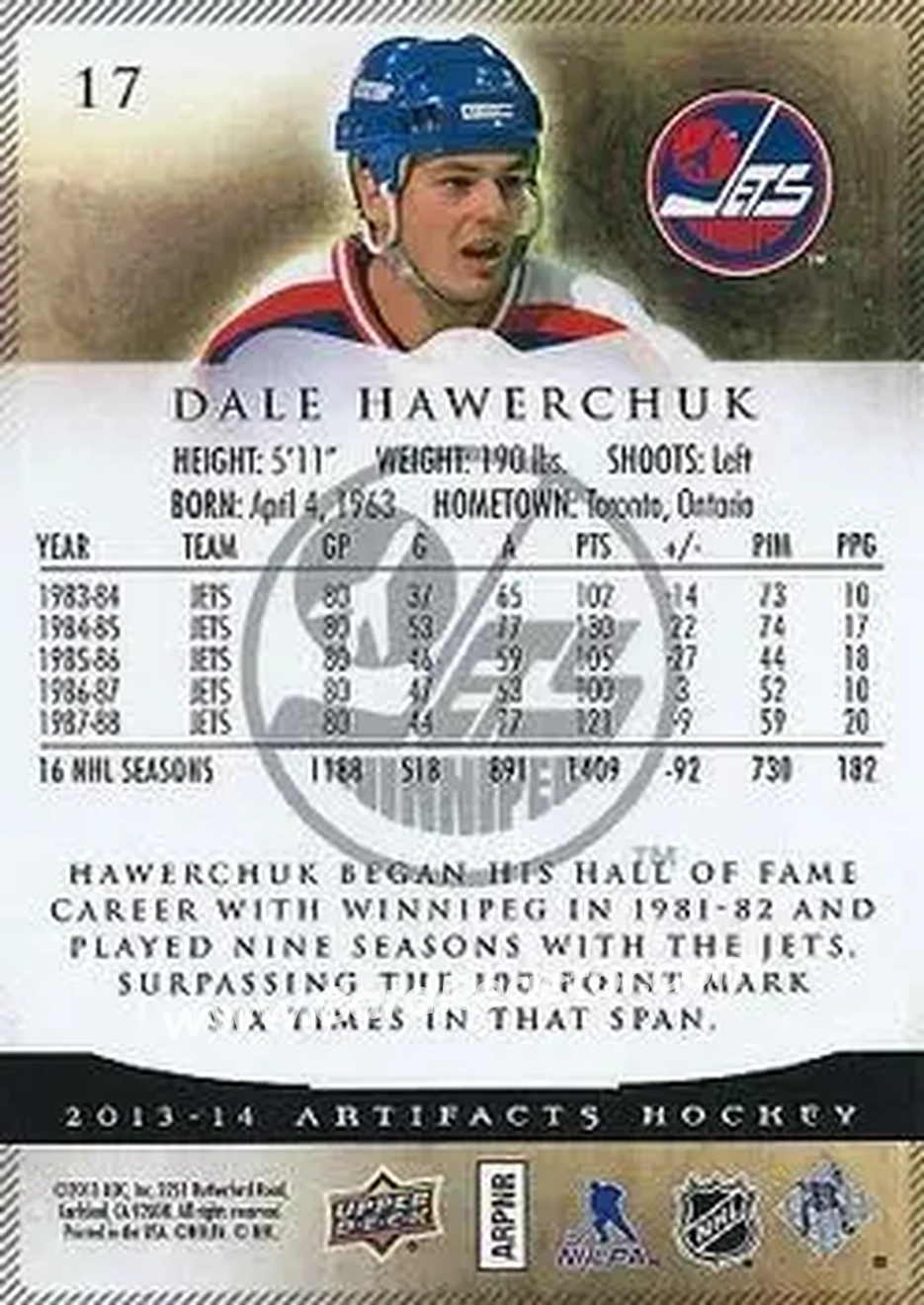 2013-14 Upper Deck Artifacts #17 - Dale Hawerchuk - Winnipeg Jets - Back