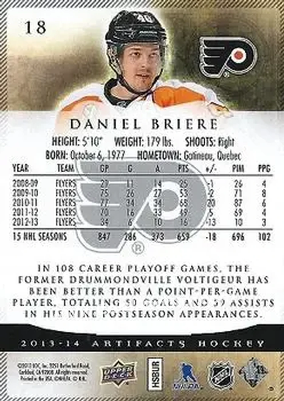 2013-14 Upper Deck Artifacts #18 - Daniel Briere - Philadelphia Flyers - Back