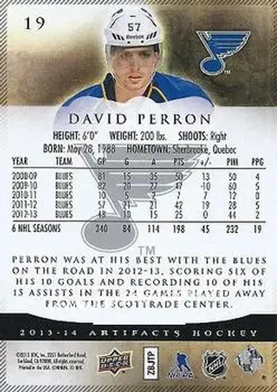 2013-14 Upper Deck Artifacts #19 - David Perron - St. Louis Blues - Back