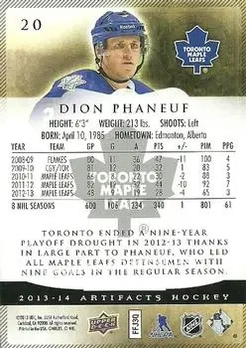 2013-14 Upper Deck Artifacts #20 - Dion Phaneuf - Toronto Maple Leafs - Back