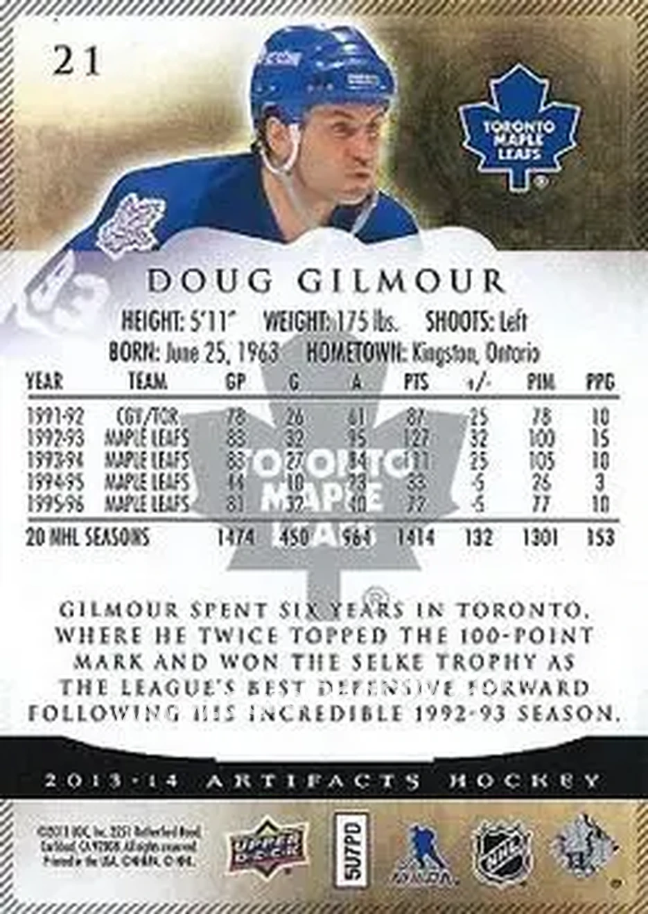 2013-14 Upper Deck Artifacts #21 - Doug Gilmour - Toronto Maple Leafs - Back