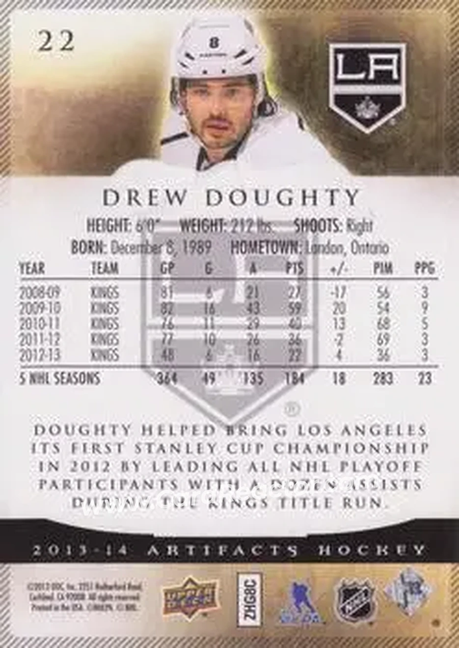 2013-14 Upper Deck Artifacts #22 - Drew Doughty - Los Angeles Kings - Back