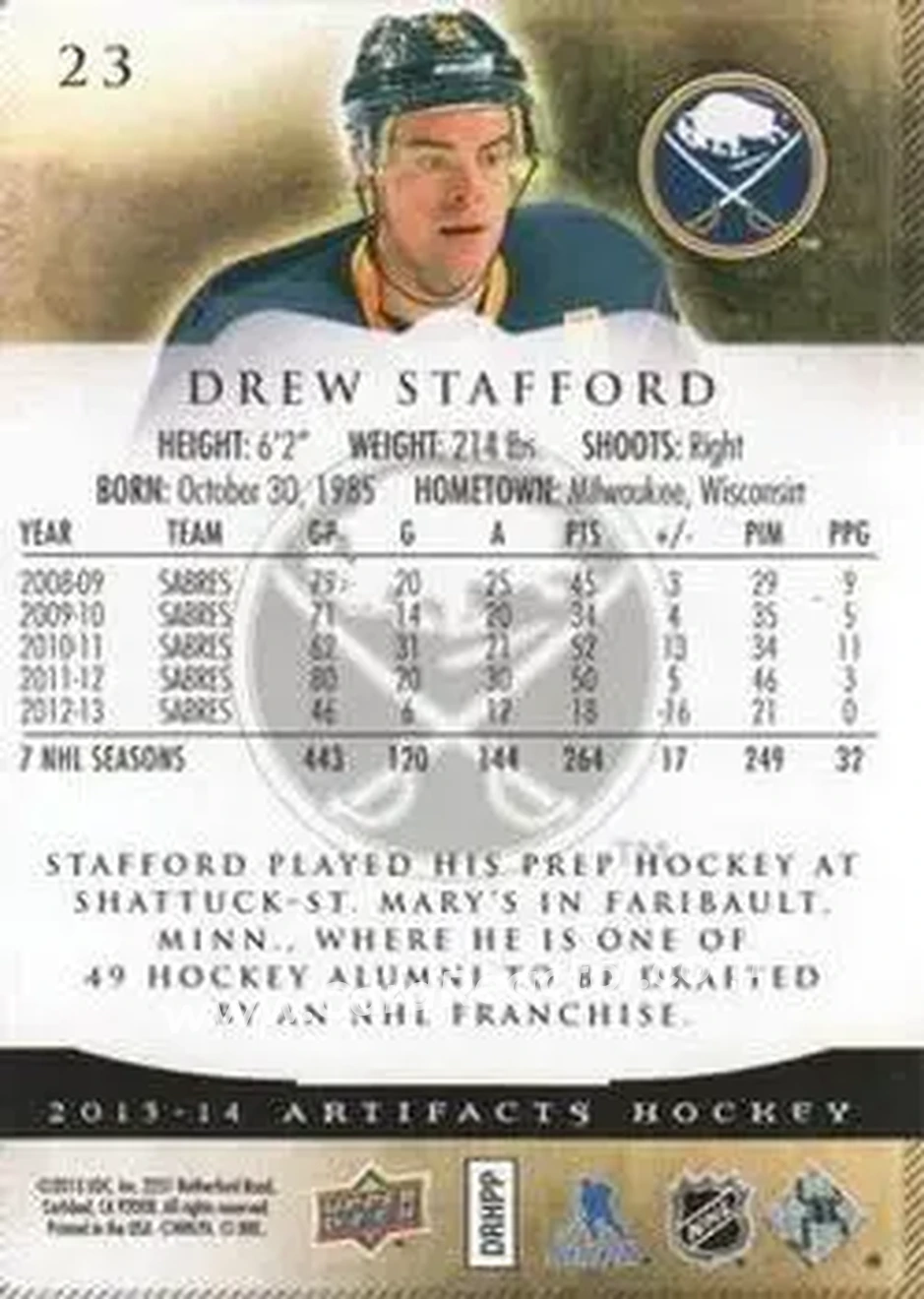 2013-14 Upper Deck Artifacts #23 - Drew Stafford - Buffalo Sabres - Back