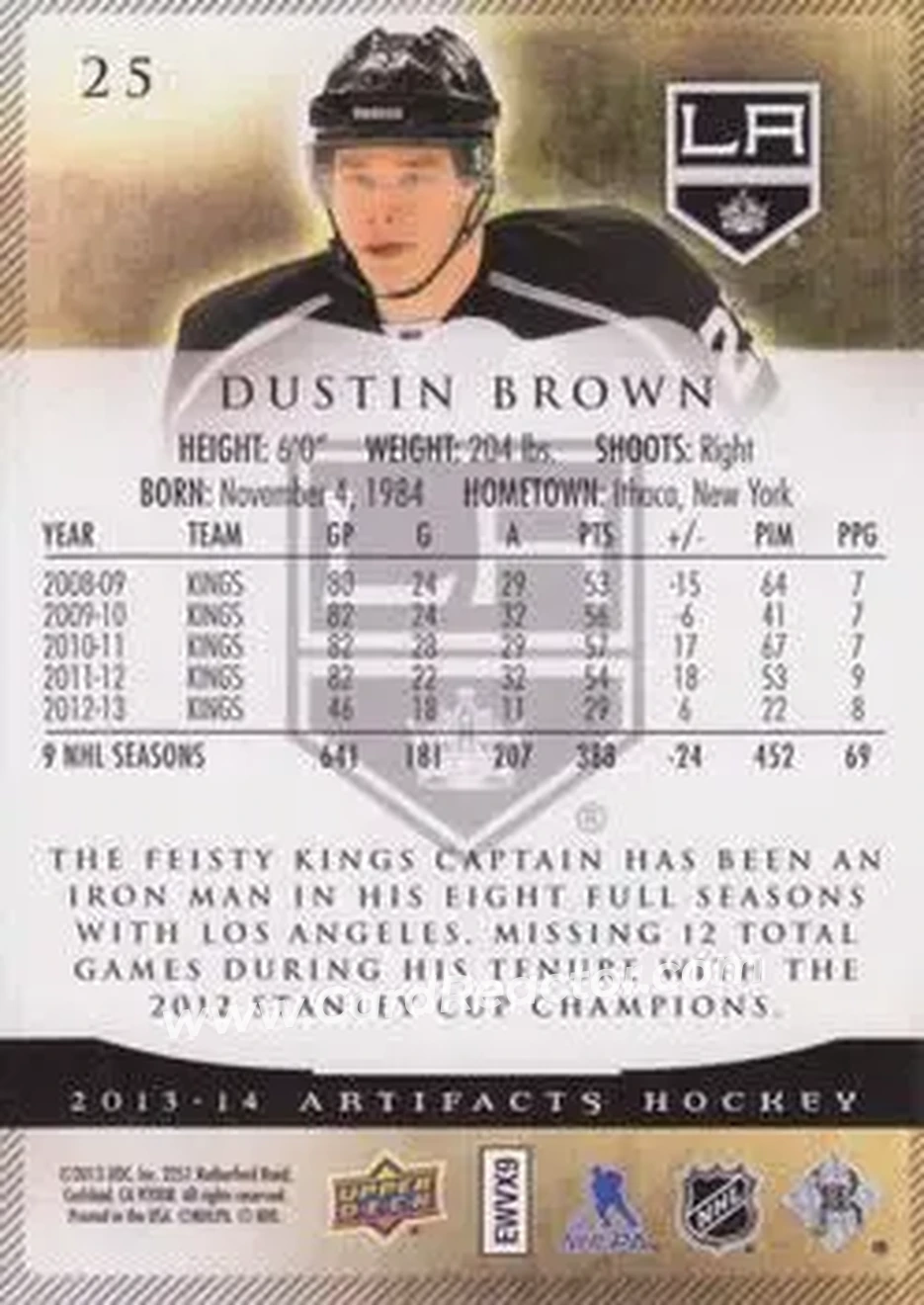 2013-14 Upper Deck Artifacts #25 - Dustin Brown - Los Angeles Kings - Back
