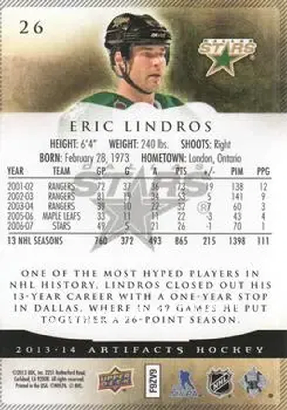 2013-14 Upper Deck Artifacts #26 - Eric Lindros - Dallas Stars - Back