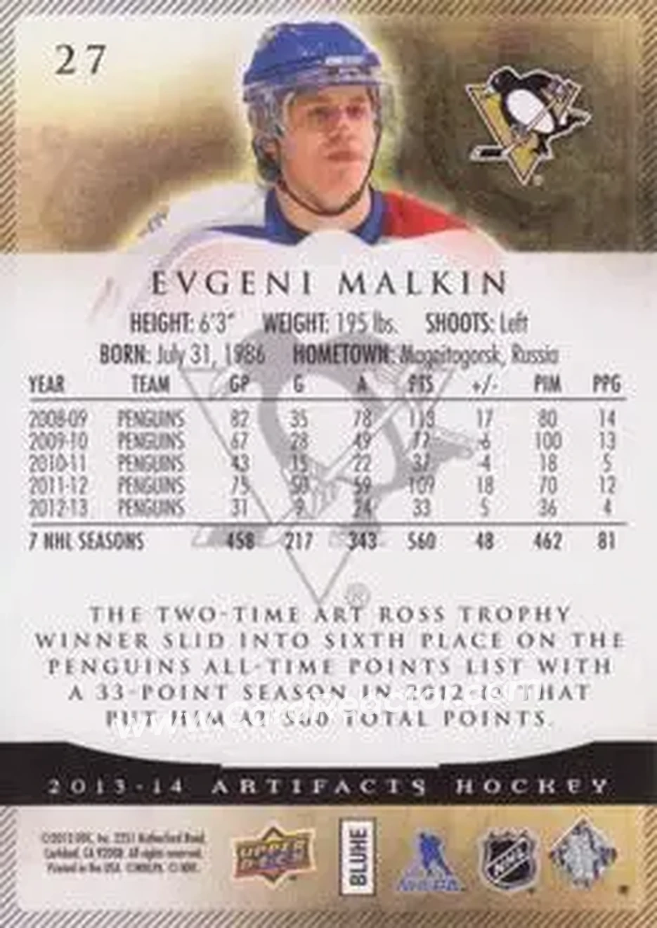 2013-14 Upper Deck Artifacts #27 - Evgeni Malkin - Pittsburgh Penguins - Back