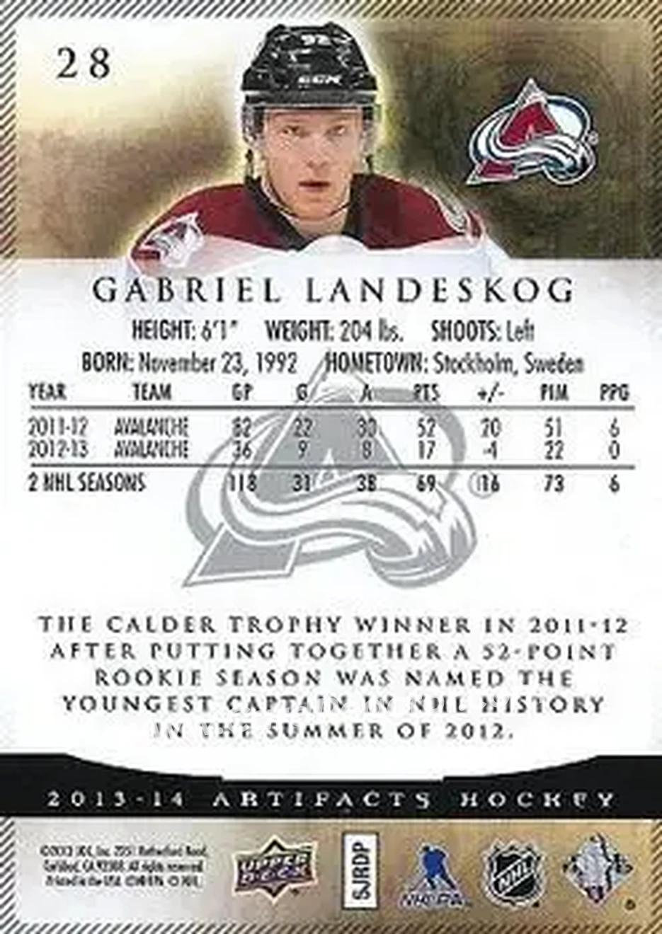 2013-14 Upper Deck Artifacts #28 - Gabriel Landeskog - Colorado Avalanche - Back