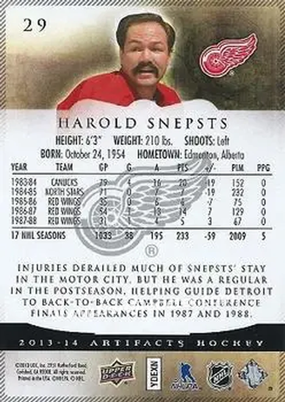 2013-14 Upper Deck Artifacts #29 - Harold Snepsts - Detroit Red Wings - Back