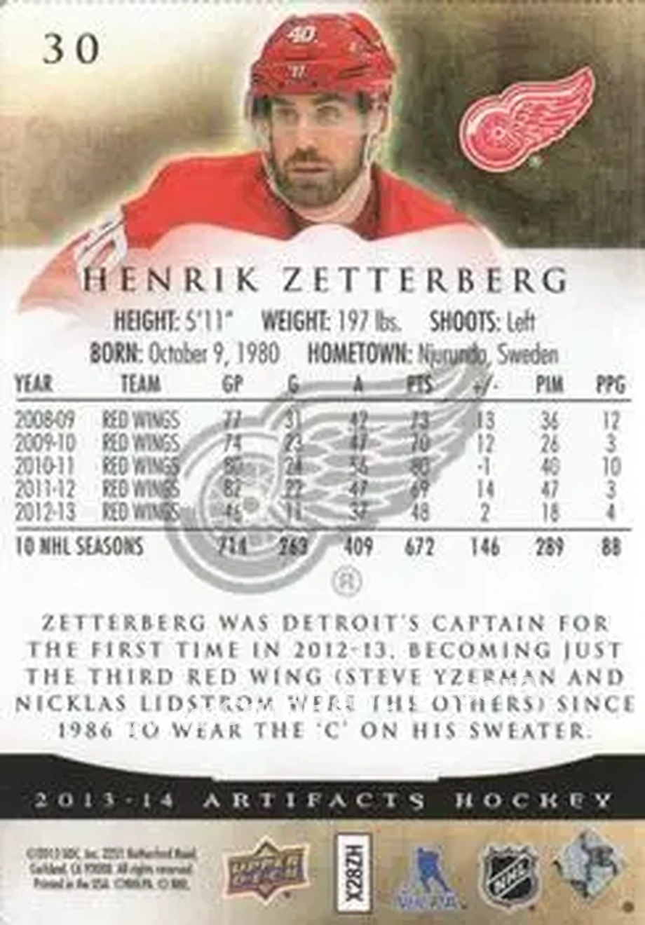 2013-14 Upper Deck Artifacts #30 - Henrik Zetterberg - Detroit Red Wings - Back