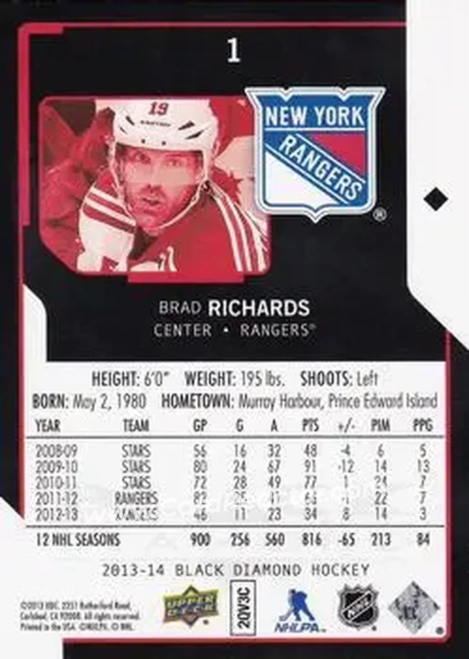 2013-14 Upper Deck Black Diamond #1 - Brad Richards - New York Rangers - Back