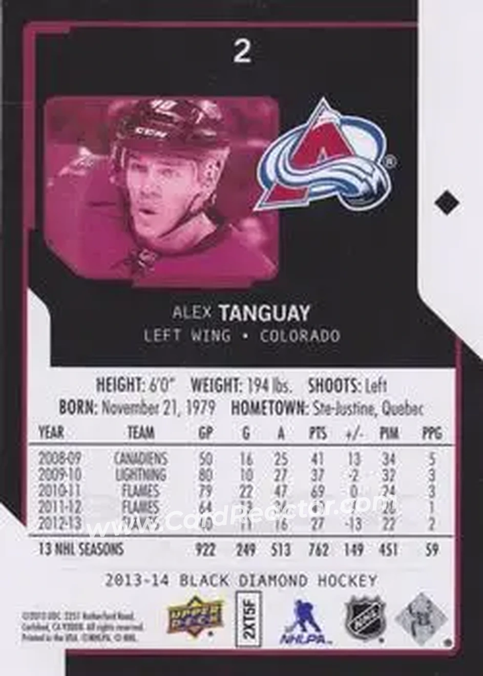 2013-14 Upper Deck Black Diamond #2 - Alex Tanguay - Colorado Avalanche - Back