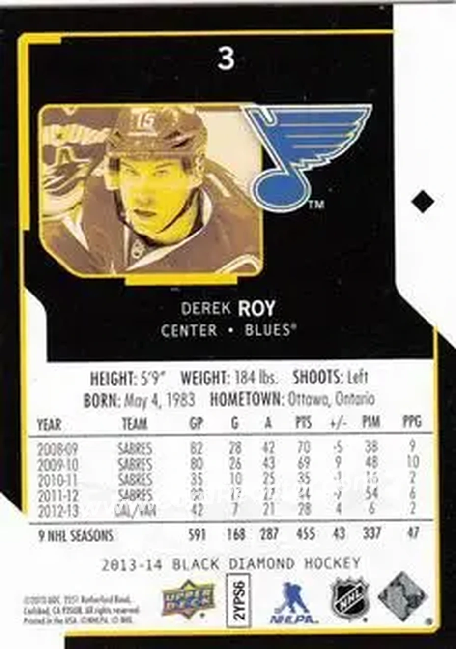 2013-14 Upper Deck Black Diamond #3 - Derek Roy - St. Louis Blues - Back
