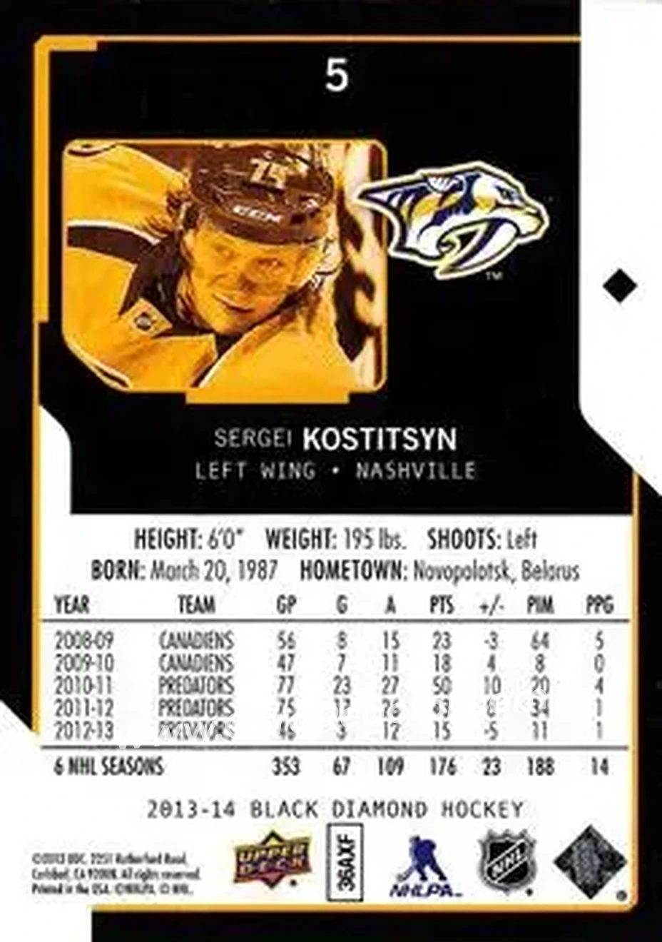 2013-14 Upper Deck Black Diamond #5 - Sergei Kostitsyn - Nashville Predators - Back
