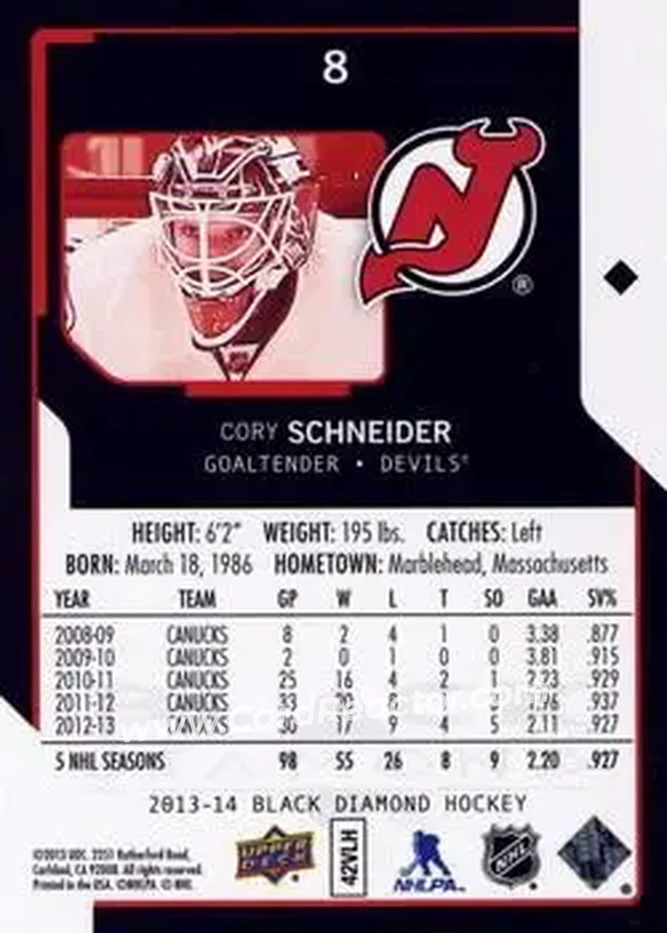 2013-14 Upper Deck Black Diamond #8 - Cory Schneider - New Jersey Devils - Back