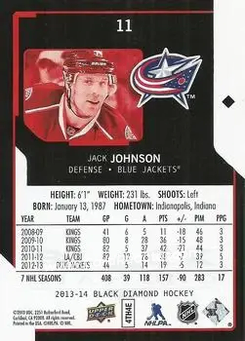 2013-14 Upper Deck Black Diamond #11 - Jack Johnson - Columbus Blue Jackets - Back
