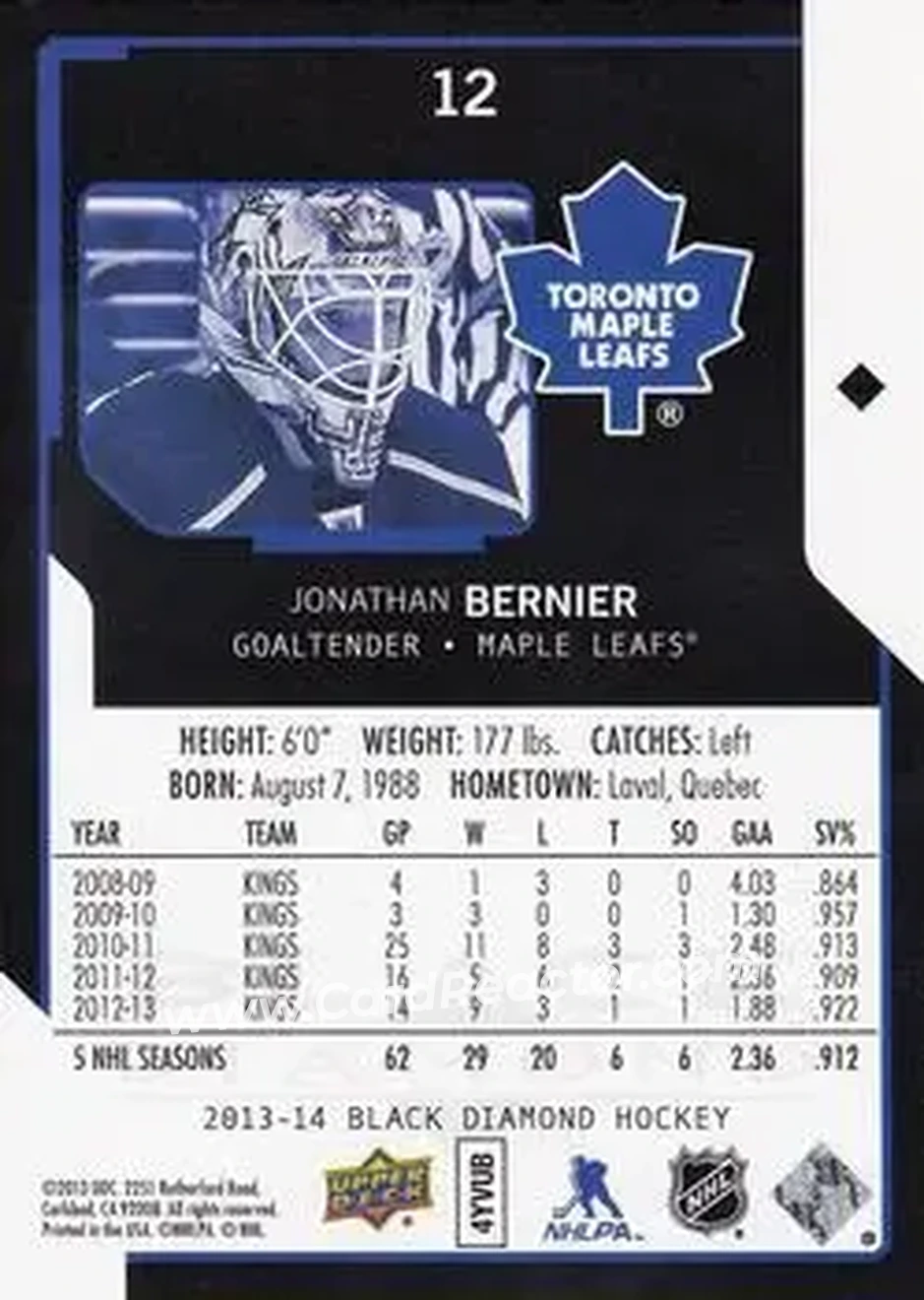 2013-14 Upper Deck Black Diamond #12 - Jonathan Bernier - Toronto Maple Leafs - Back