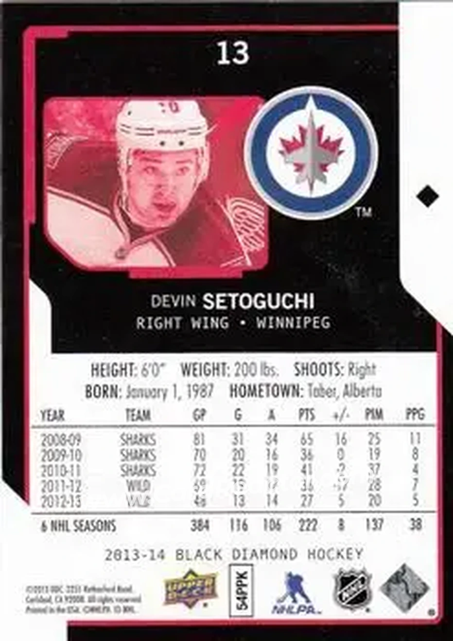 2013-14 Upper Deck Black Diamond #13 - Devin Setoguchi - Minnesota Wild - Back