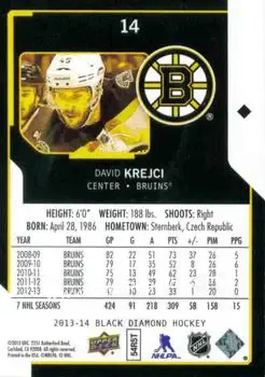 2013-14 Upper Deck Black Diamond #14 - David Krejci - Boston Bruins - Back