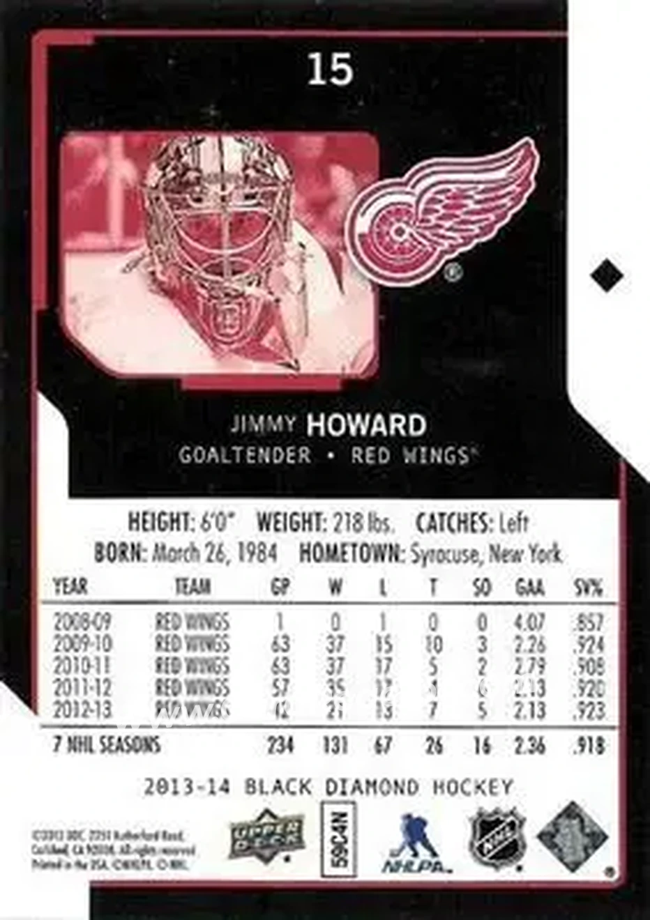 2013-14 Upper Deck Black Diamond #15 - Jimmy Howard - Detroit Red Wings - Back