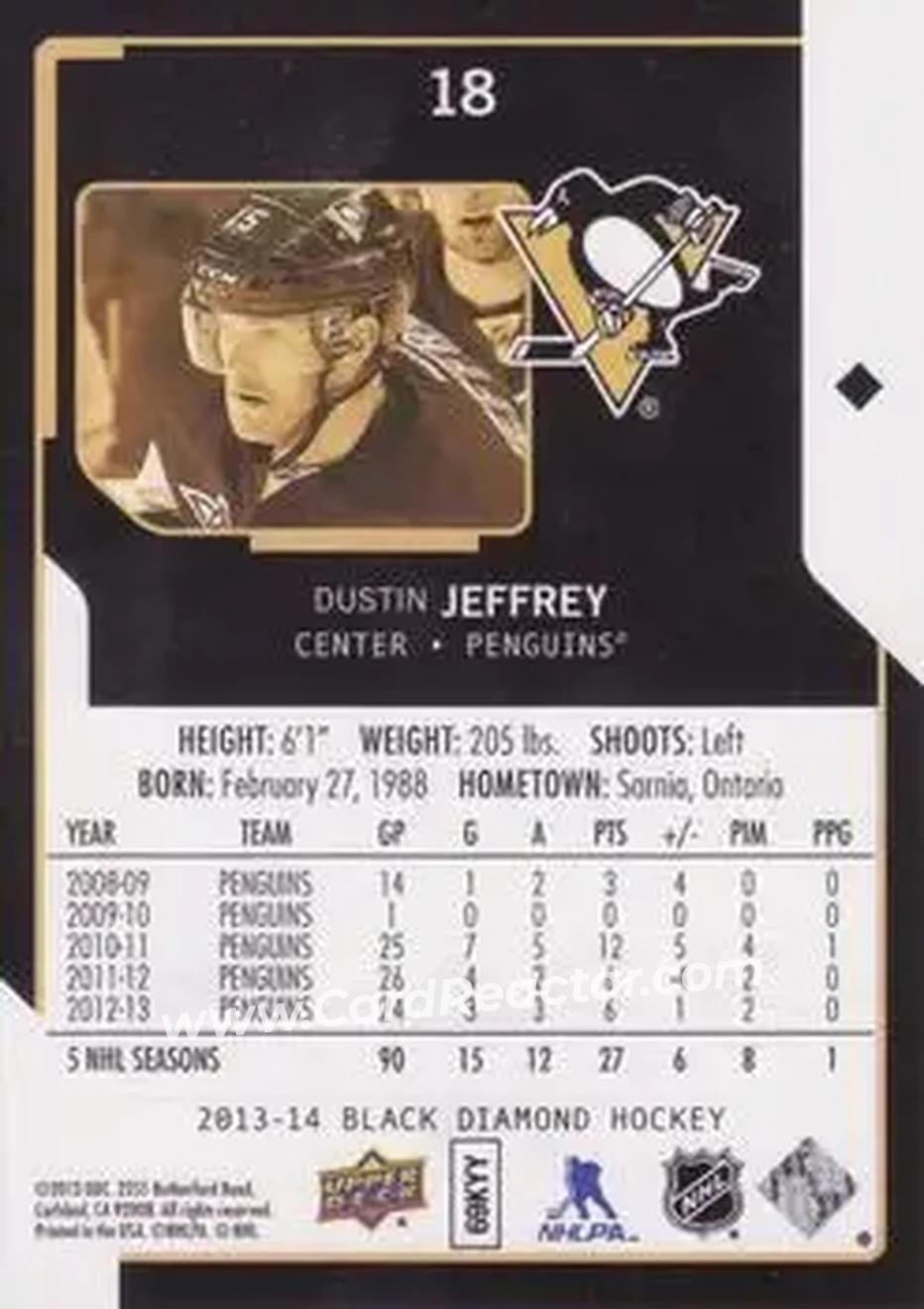 2013-14 Upper Deck Black Diamond #18 - Dustin Jeffrey - Pittsburgh Penguins - Back
