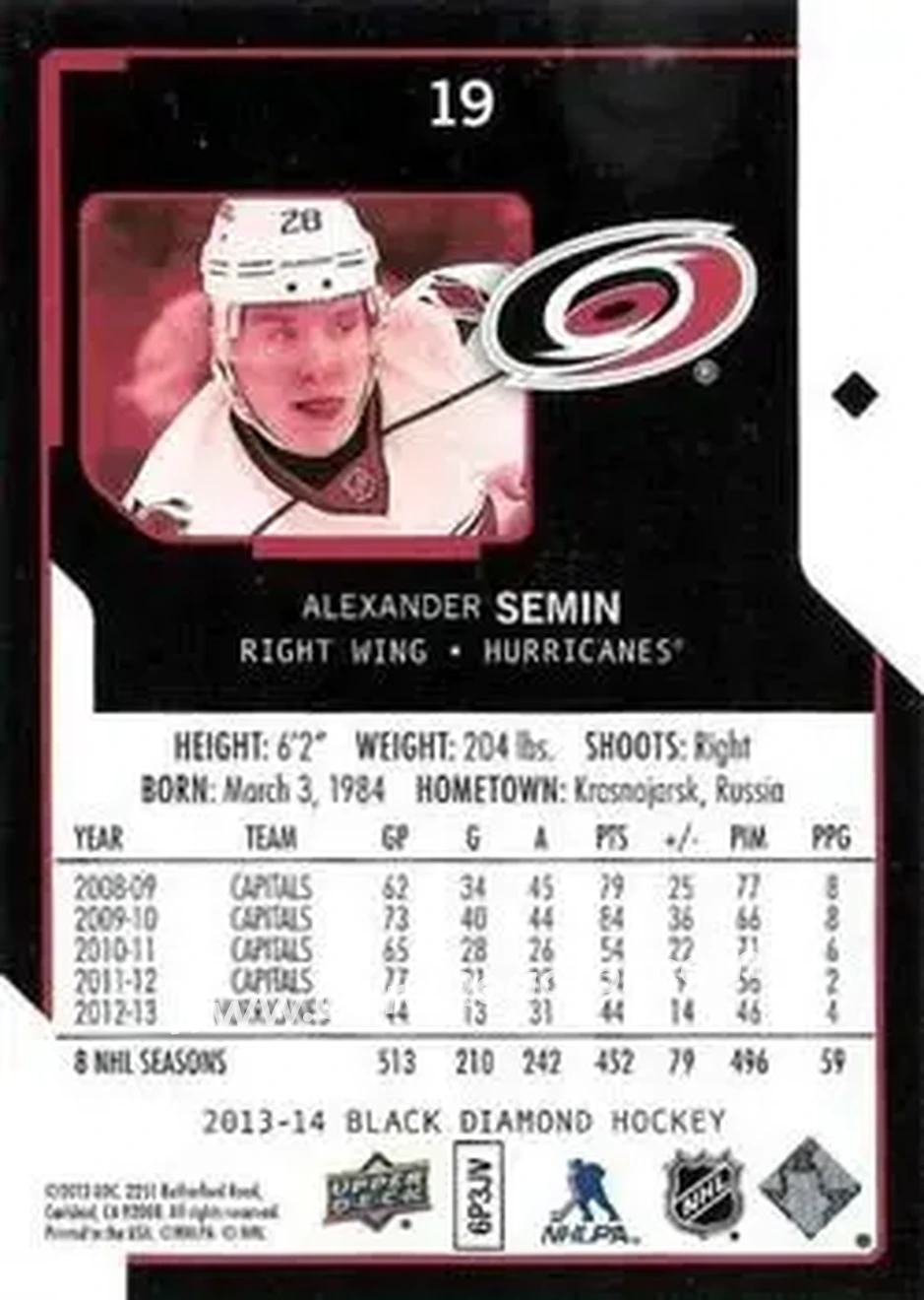 2013-14 Upper Deck Black Diamond #19 - Alexander Semin - Carolina Hurricanes - Back