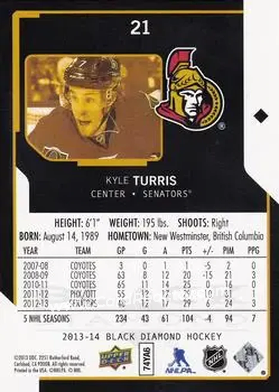 2013-14 Upper Deck Black Diamond #21 - Kyle Turris - Ottawa Senators - Back