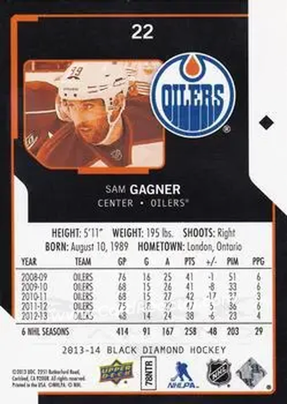2013-14 Upper Deck Black Diamond #22 - Sam Gagner - Edmonton Oilers - Back