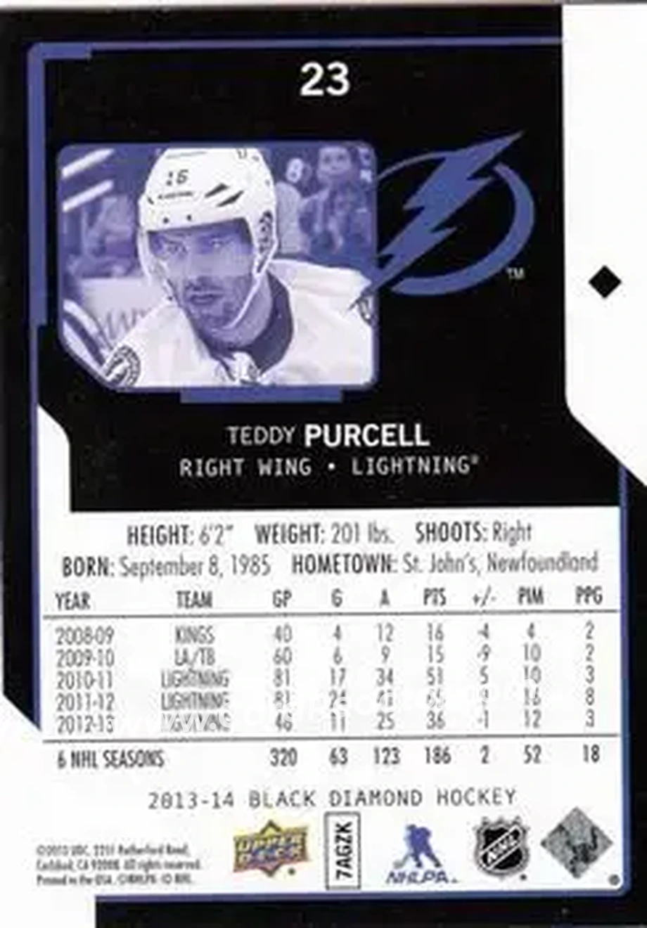 2013-14 Upper Deck Black Diamond #23 - Teddy Purcell - Tampa Bay Lightning - Back
