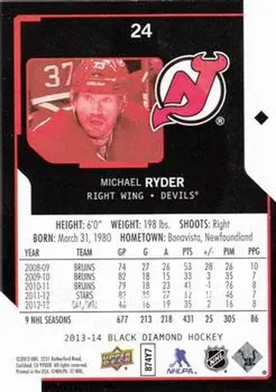 2013-14 Upper Deck Black Diamond #24 - Michael Ryder - New Jersey Devils - Back