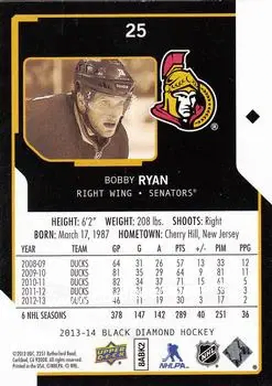 2013-14 Upper Deck Black Diamond #25 - Bobby Ryan - Ottawa Senators - Back