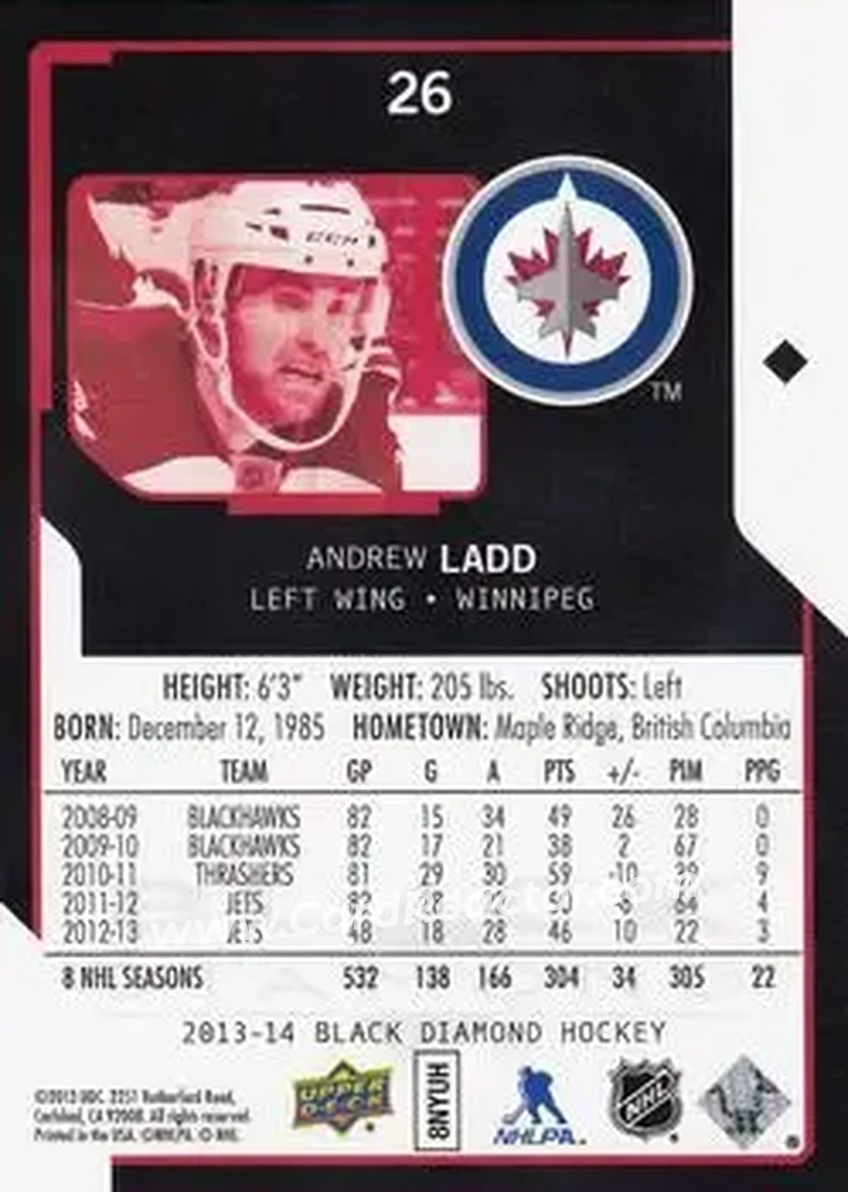 2013-14 Upper Deck Black Diamond #26 - Andrew Ladd - Winnipeg Jets - Back