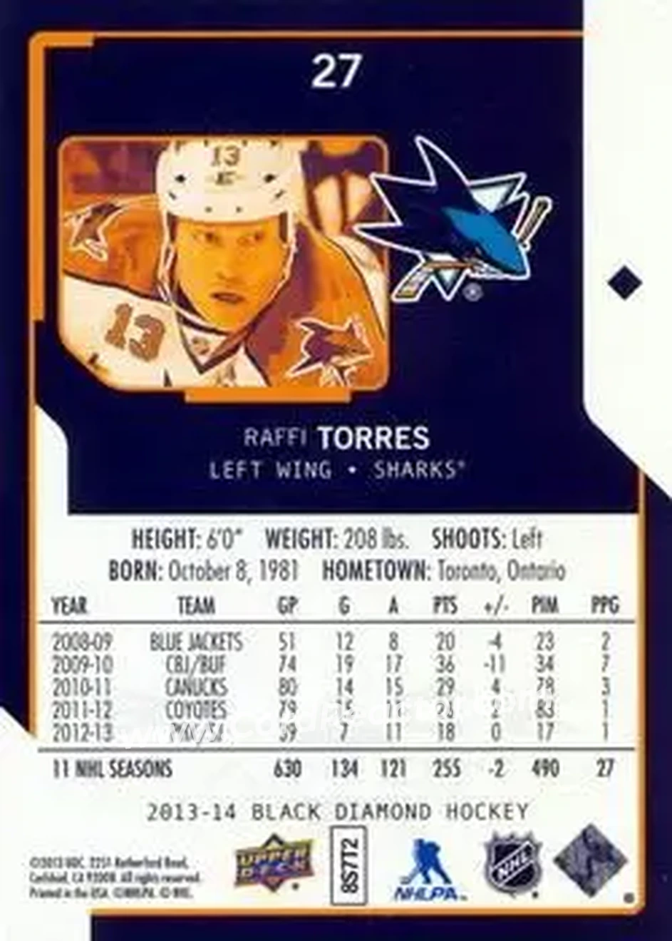 2013-14 Upper Deck Black Diamond #27 - Raffi Torres - San Jose Sharks - Back