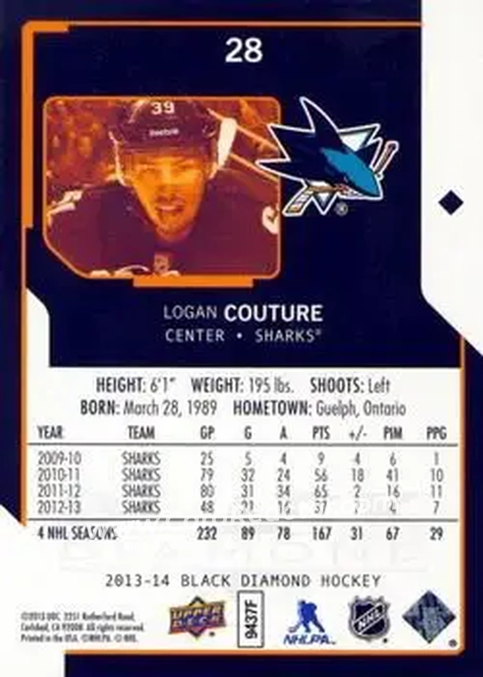 2013-14 Upper Deck Black Diamond #28 - Logan Couture - San Jose Sharks - Back