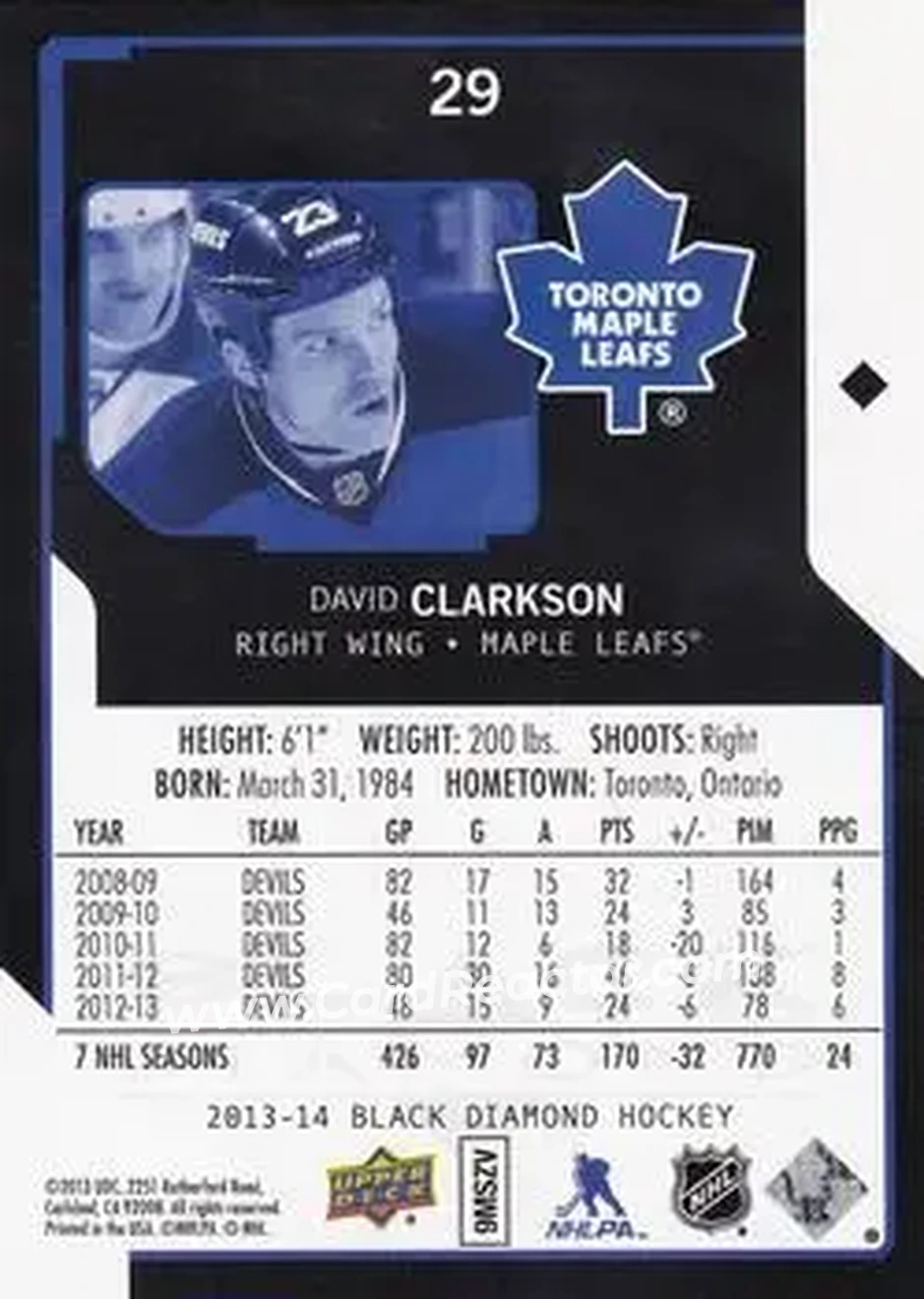 2013-14 Upper Deck Black Diamond #29 - David Clarkson - Toronto Maple Leafs - Back