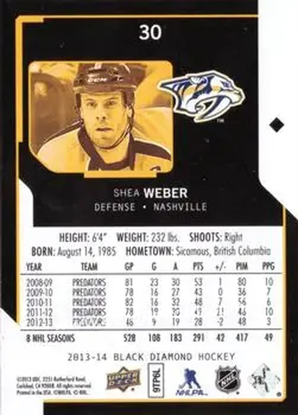 2013-14 Upper Deck Black Diamond #30 - Shea Weber - Nashville Predators - Back