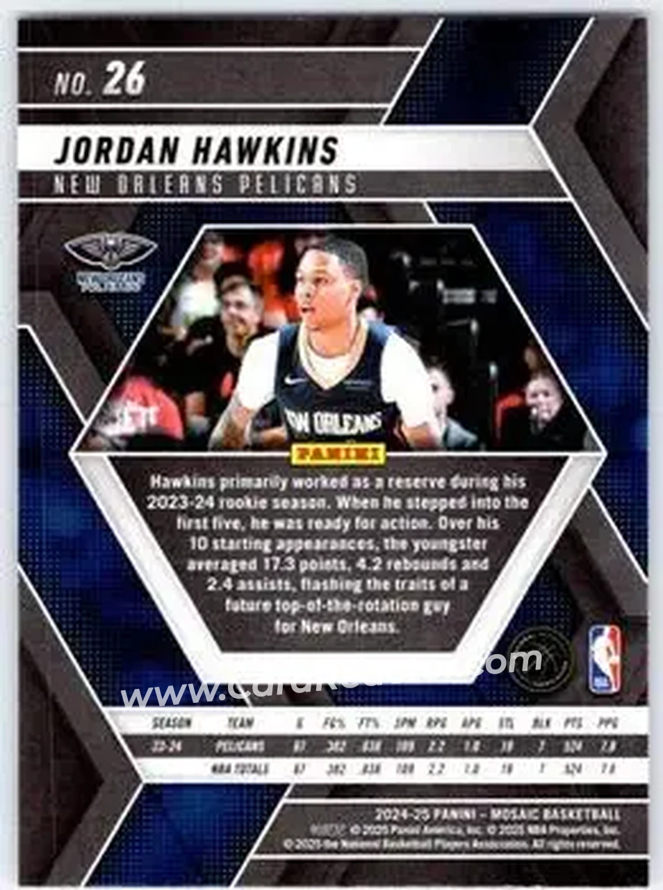 2024-25 Panini Mosaic #26 - Jordan Hawkins - New Orleans Pelicans - Back 2024-25 Panini Mosaic #26 - Jordan Hawkins - New Orleans Pelicans - Back