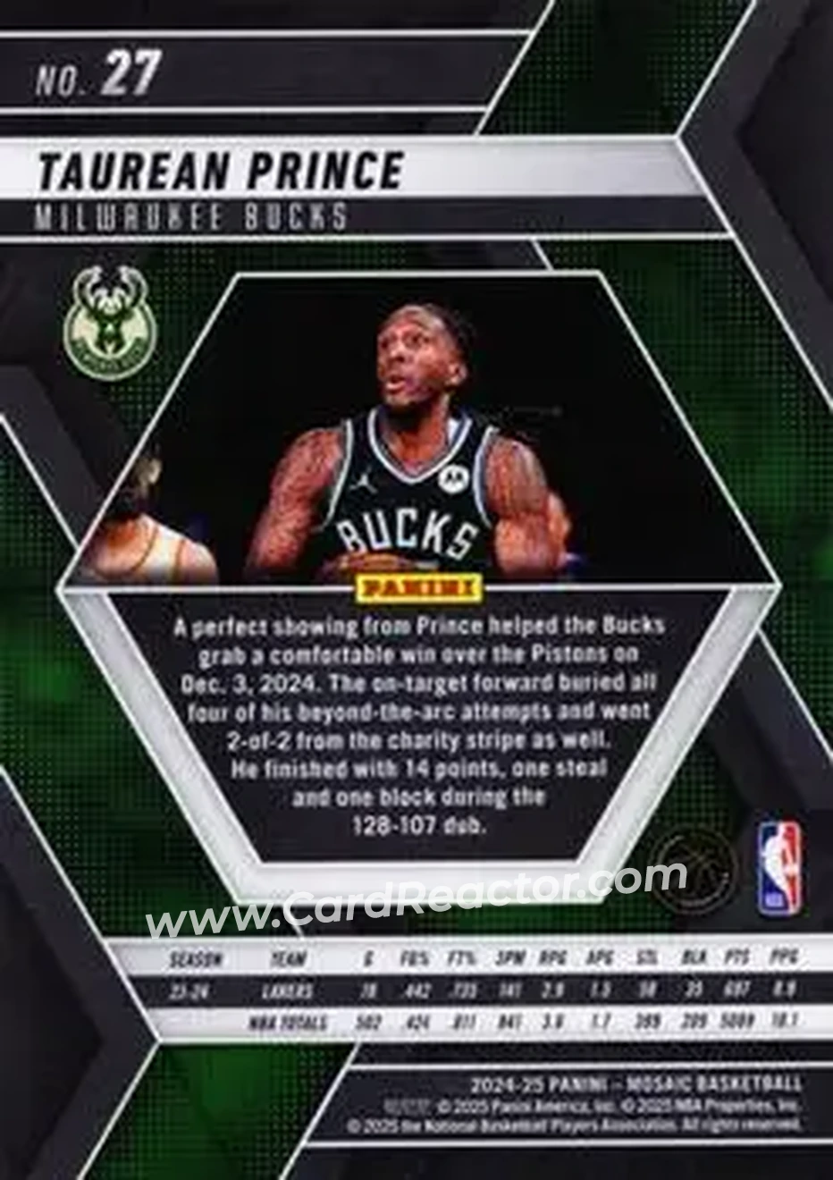 2024-25 Panini Mosaic #27 - Taurean Prince - Milwaukee Bucks - Back 2024-25 Panini Mosaic #27 - Taurean Prince - Milwaukee Bucks - Back
