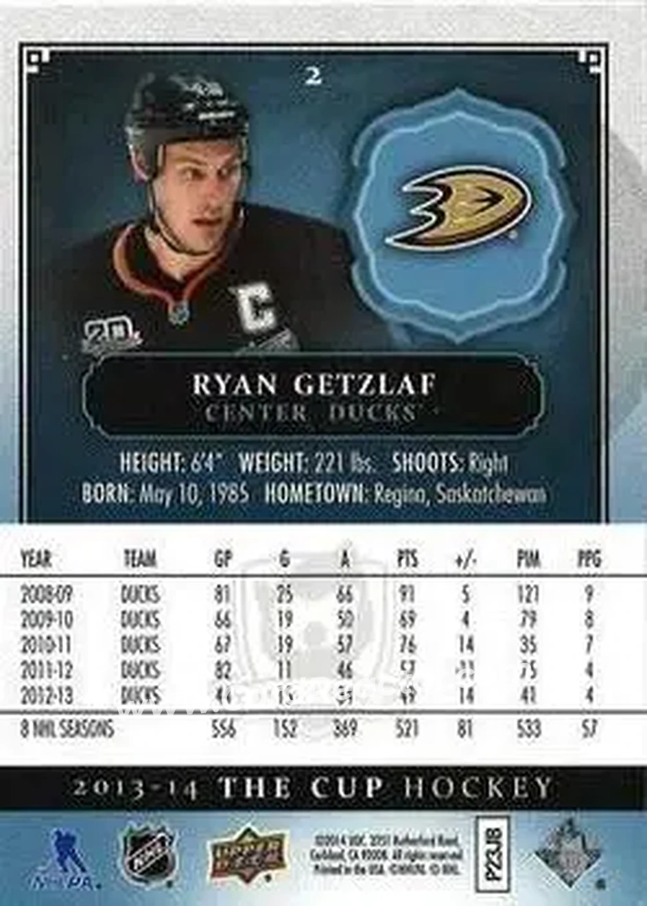 2013-14 Upper Deck The Cup #2 - Ryan Getzlaf - Anaheim Ducks - Back