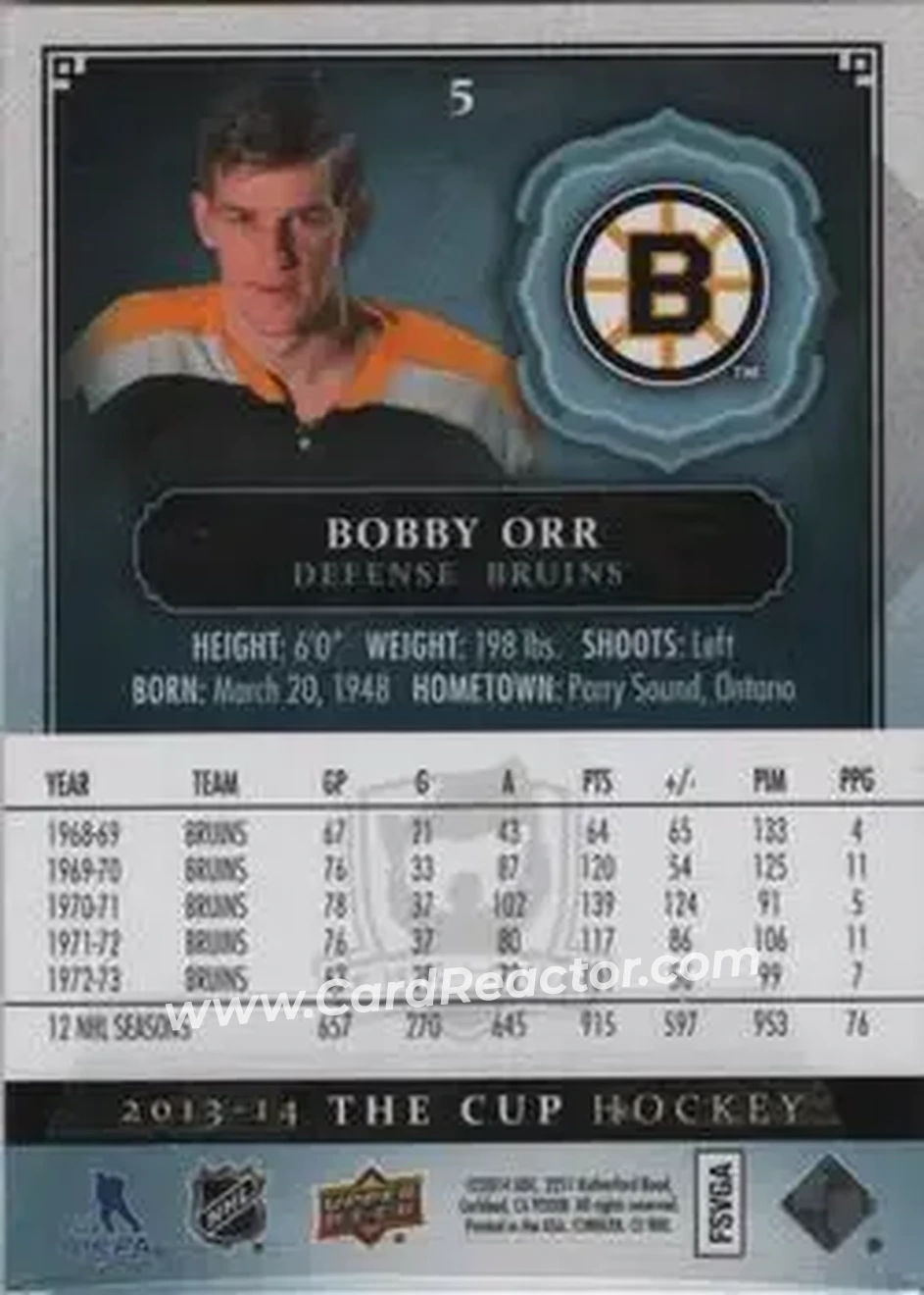 2013-14 Upper Deck The Cup #5 - Bobby Orr - Boston Bruins - Back 2013-14 Upper Deck The Cup #5 - Bobby Orr - Boston Bruins - Back